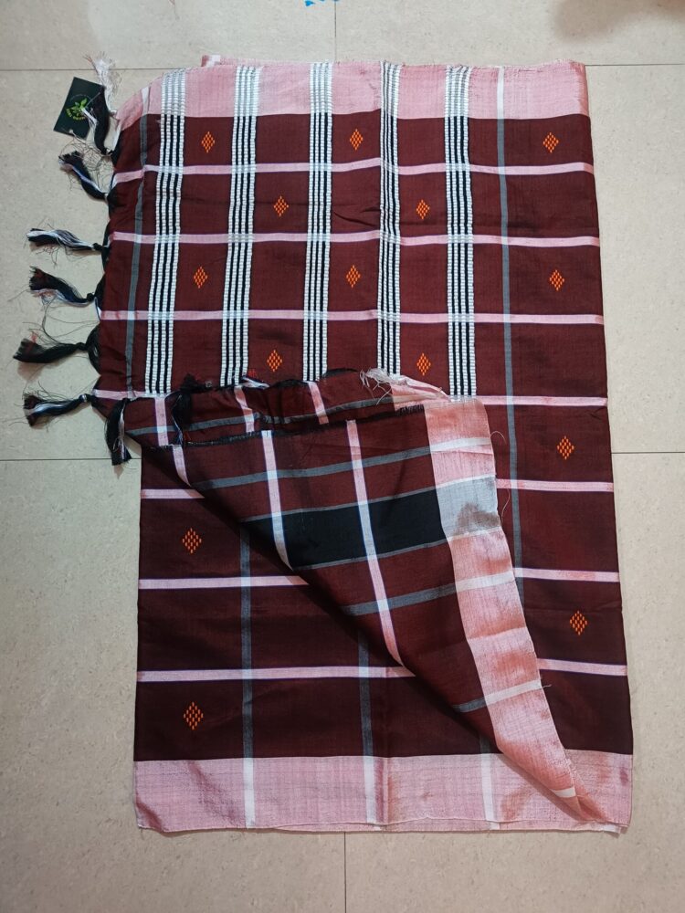Brown & White Stripe Booti Saree