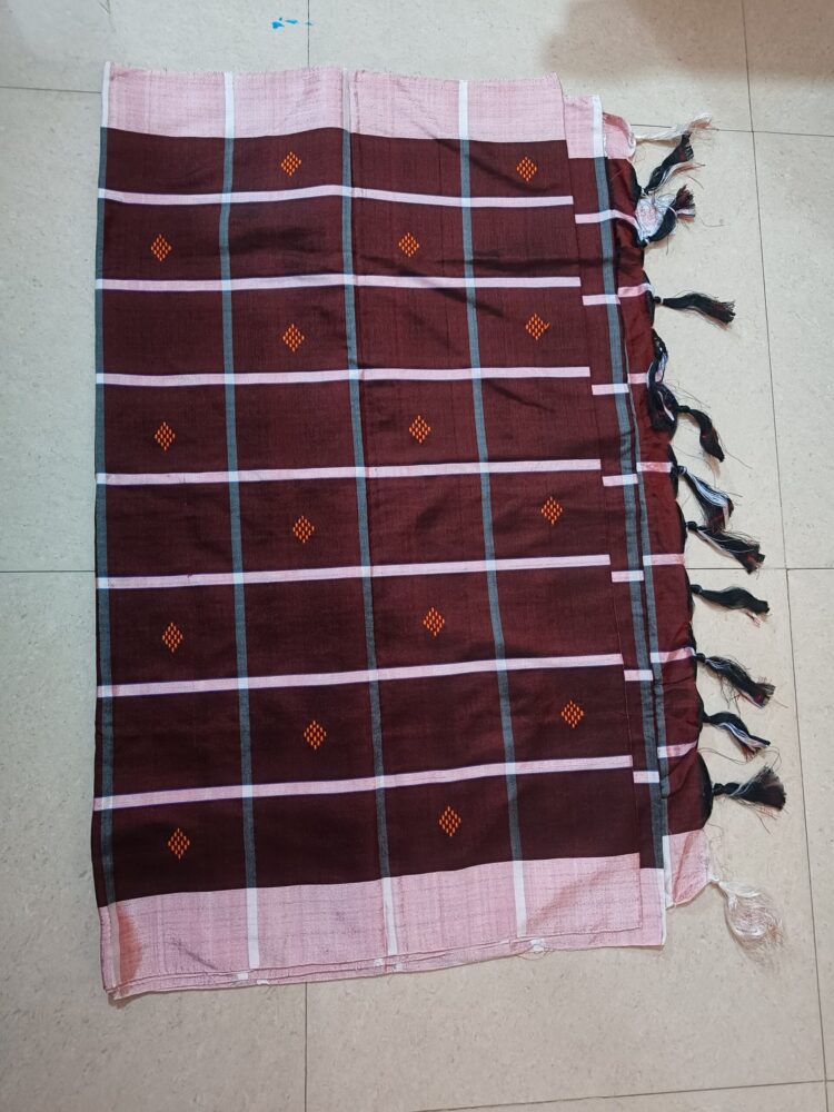 Brown & White Stripe Booti Saree