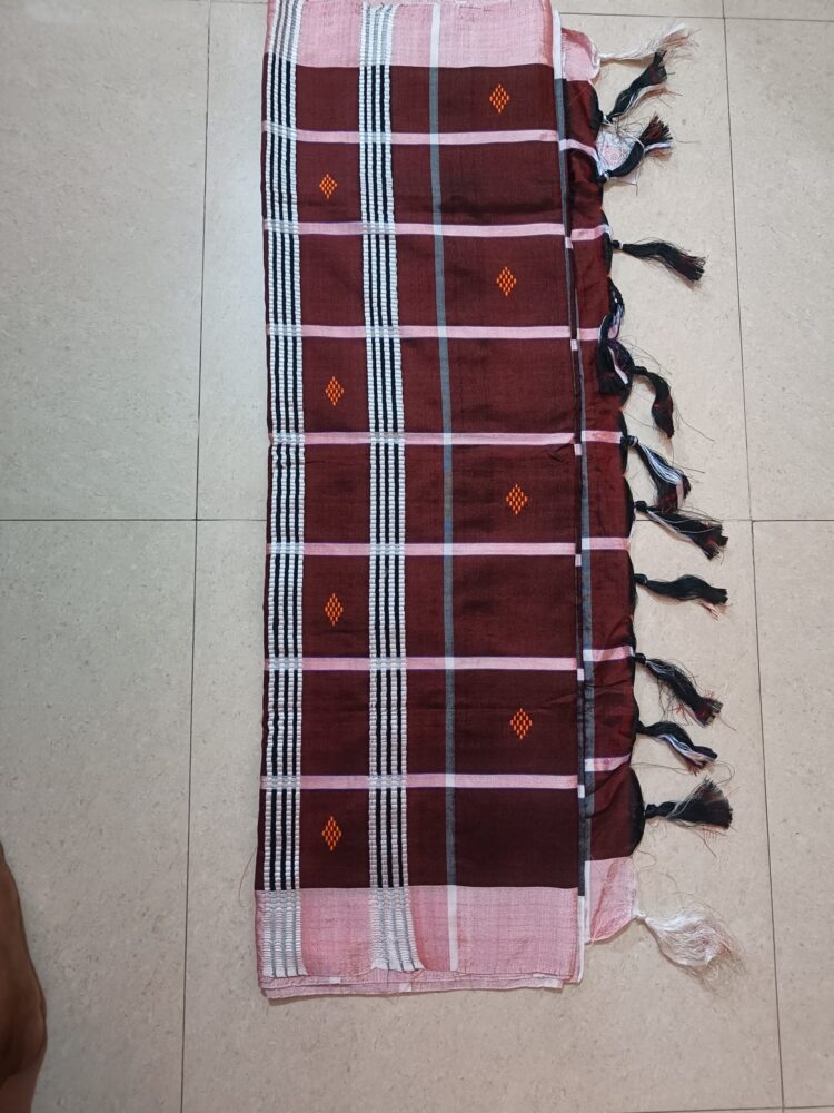 Brown & White Stripe Booti Saree