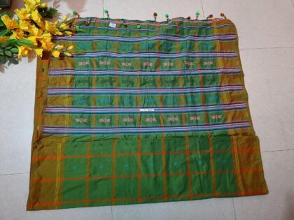 Santali Traditional Saree Camo Green Booti Panchi Saree With Jhalar