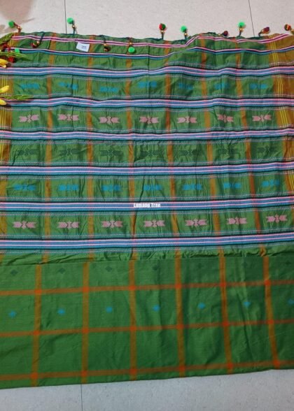 Santali Traditional Saree Camo Green Booti Panchi Saree With Jhalar
