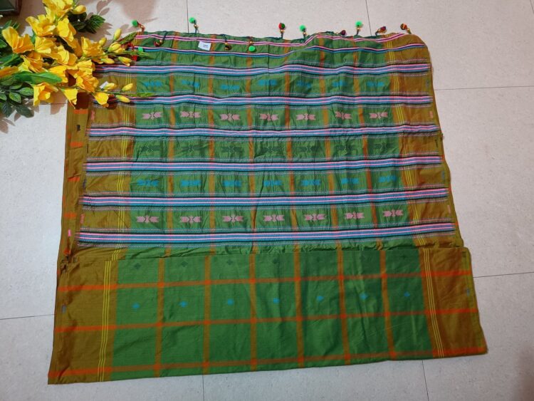 Santali Traditional Saree Camo Green Booti Panchi Saree With Jhalar