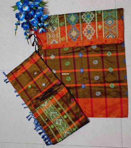 Santhali Couple Combo Saddle Brown Panchi Saree and Dhoti