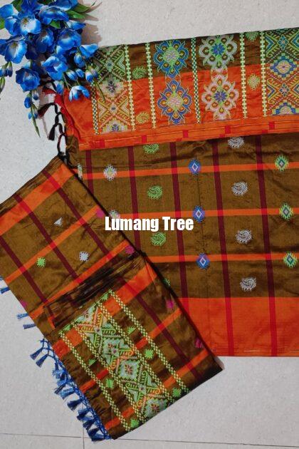 Santhali Couple Combo Saddle Brown Panchi Saree and Dhoti